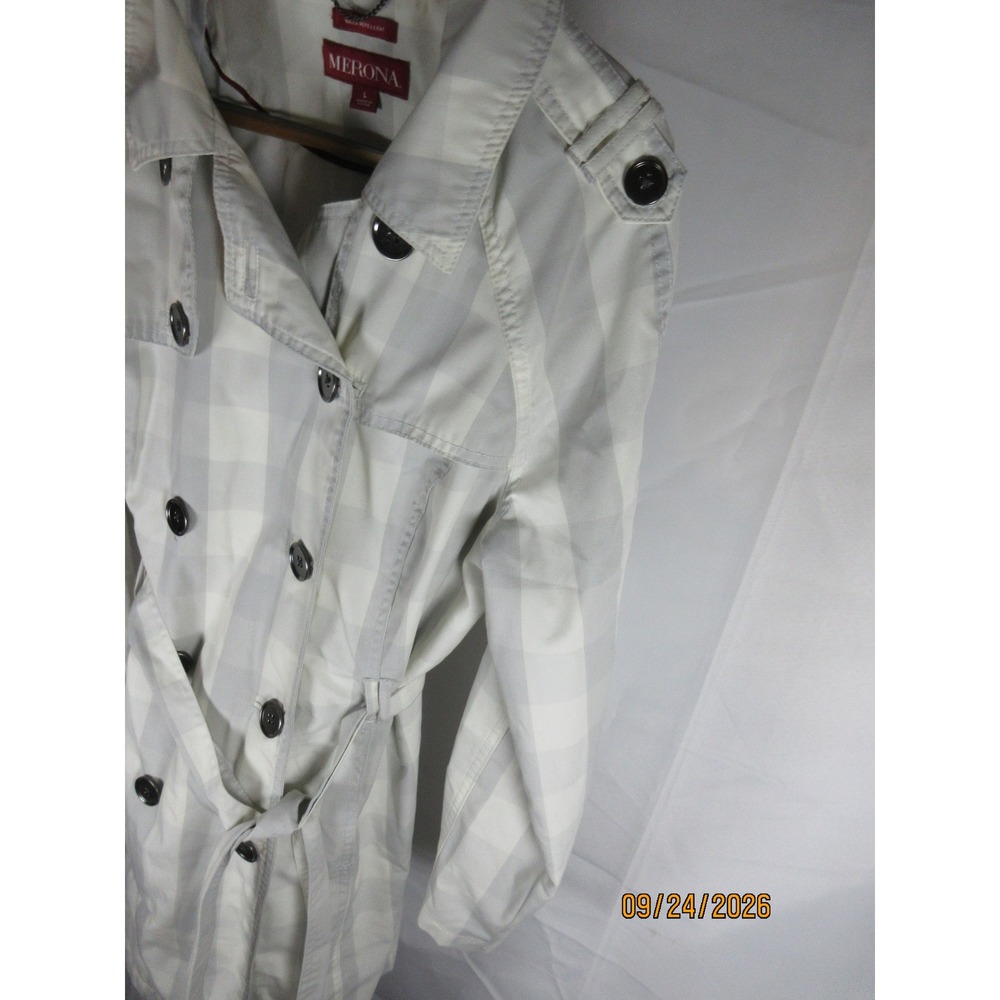 Merona Womens Plaid Trench Coat Cream Gray Water Repellent Double Breasted L - Picture 3 of 9